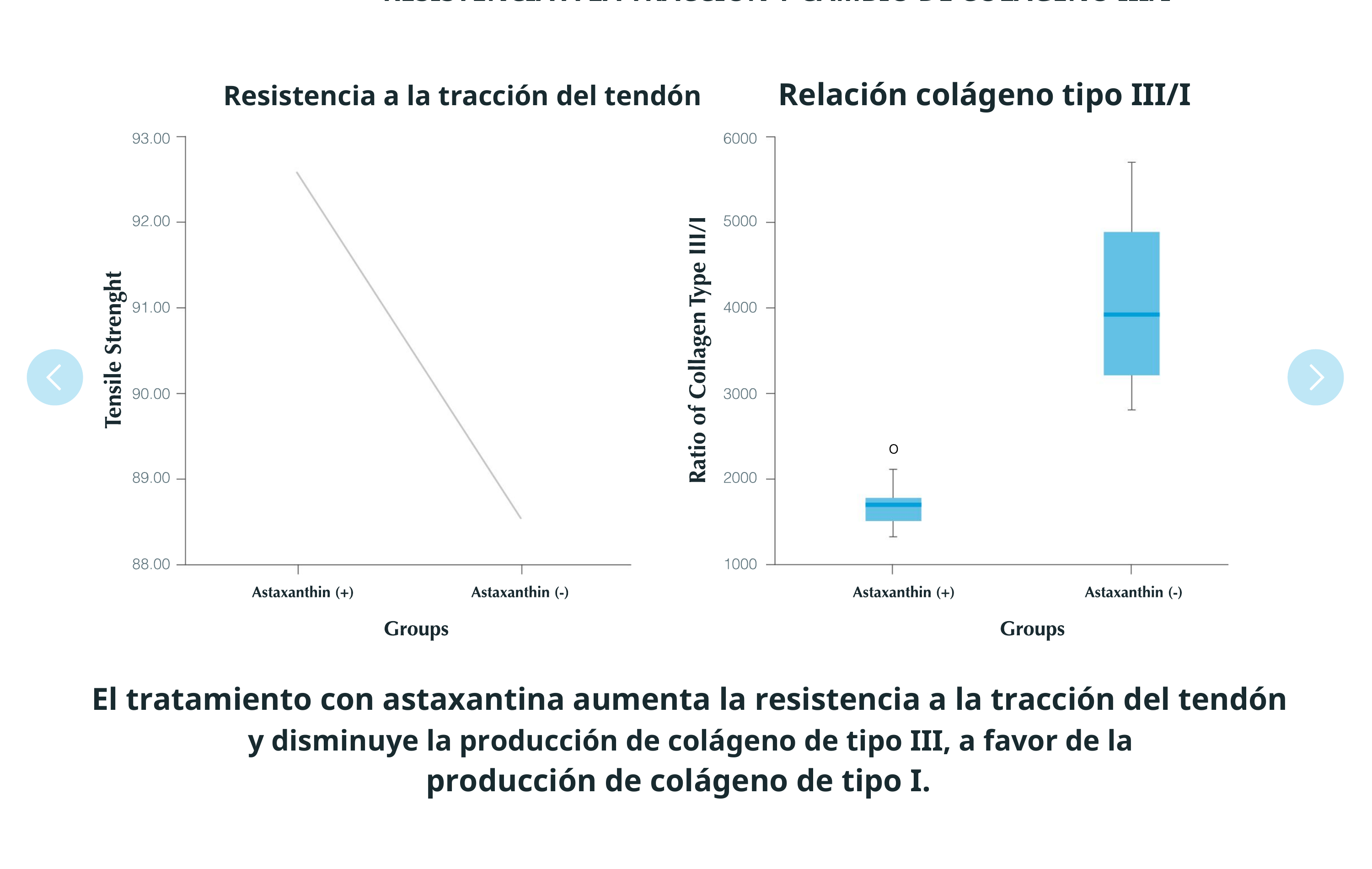 Resultados de resistencia a la tracción y relación de colágeno tipo III/I con astaxantina