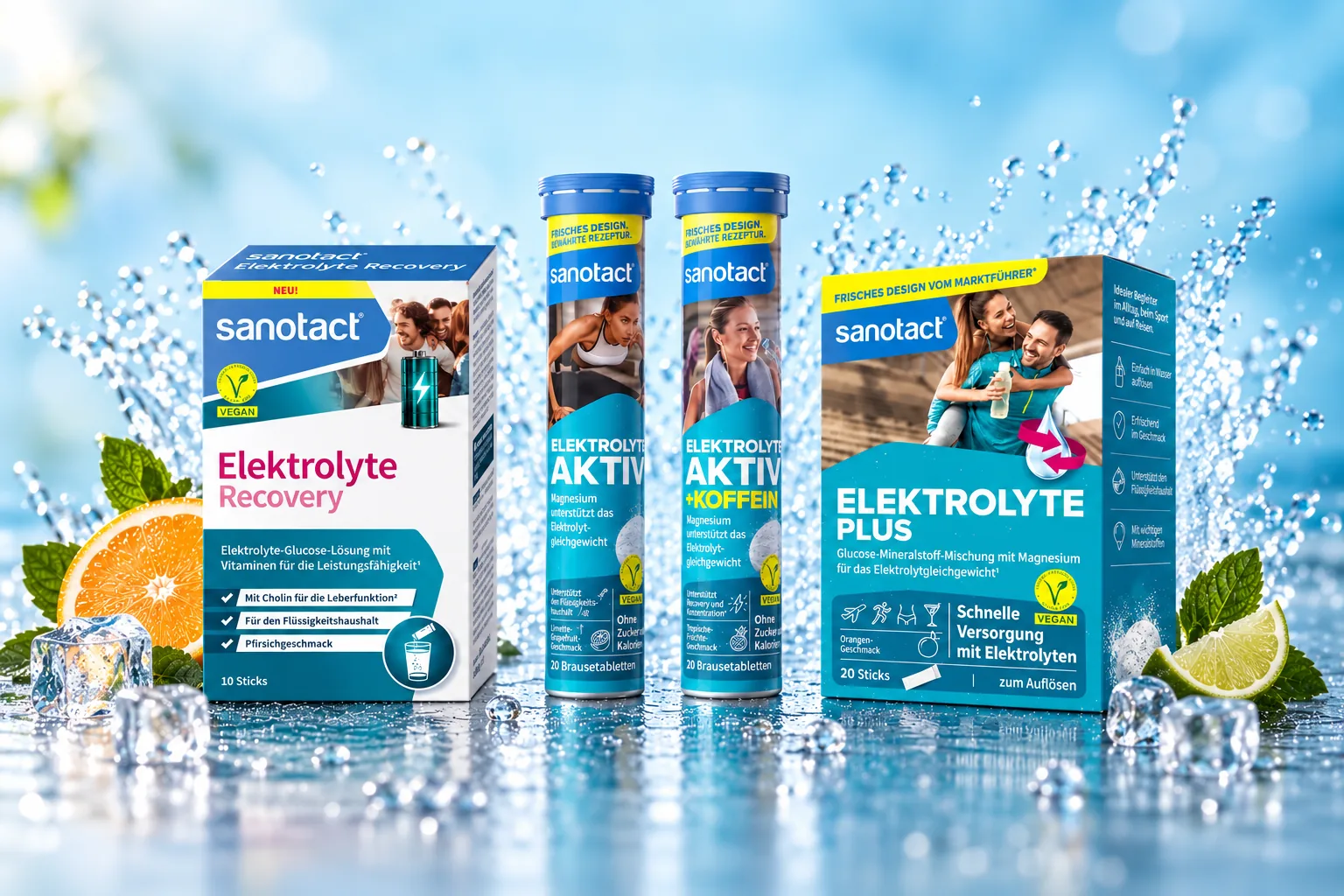 Las 4 líneas sanotact® Electrolytes: Plus, Recovery, Active y Boost + Caffeine