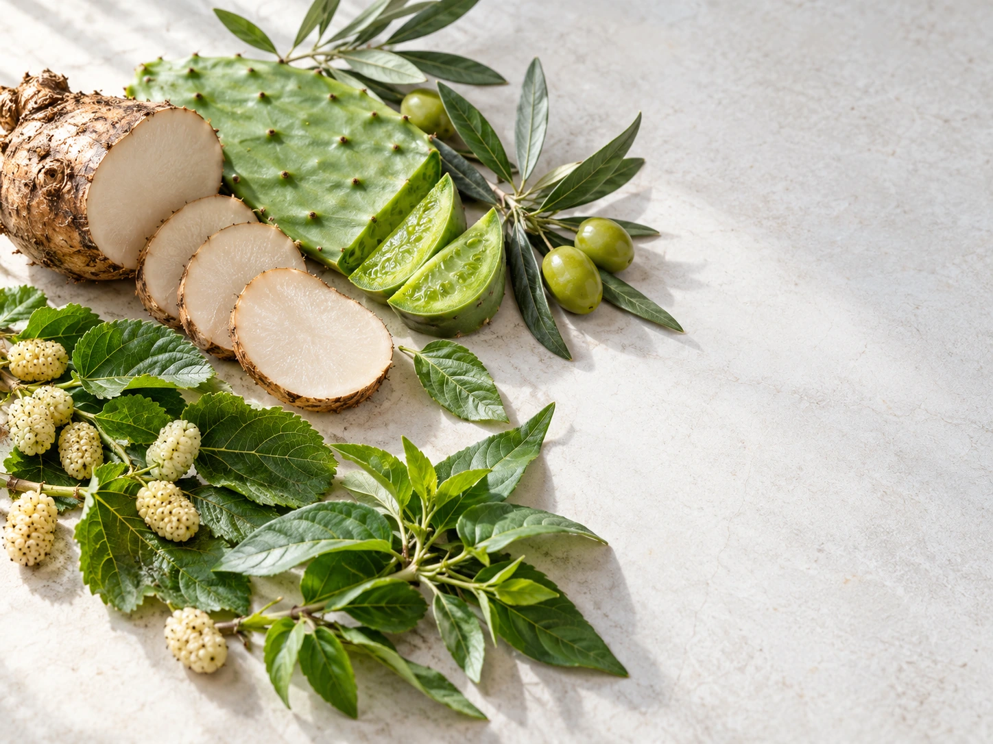Ingredientes botánicos de la fórmula: konjac, nopal, hojas de olivo, morera blanca y gimnema