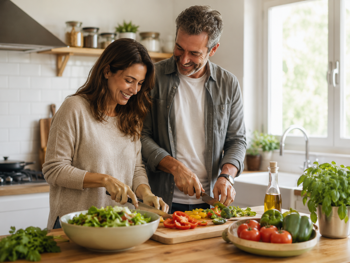 Pareja preparando una comida saludable con vegetales frescos en la cocina