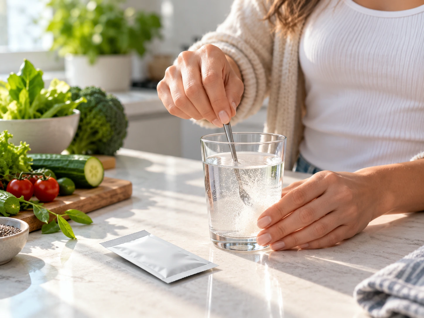 Mujer disolviendo un sobre en un vaso de agua en la cocina